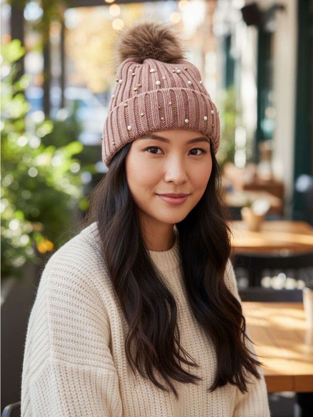 Pink Pearl Embellished Pom Pom Beanie Hat Sherpa Lined Winter Cap